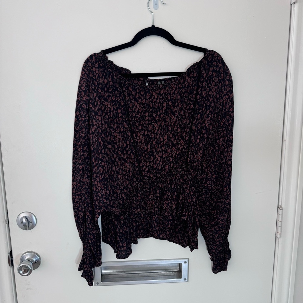 Anthropologie Nichola Peplum Blouse Medium Peasant Black Brown Floral Size Large